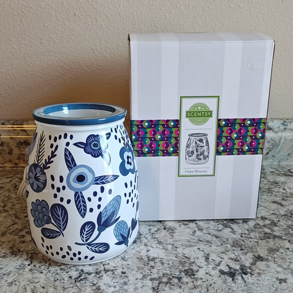Scentsy Hope Blooms Wax Warmer New White Blue Floral Folk Art Ceramic 6.5in